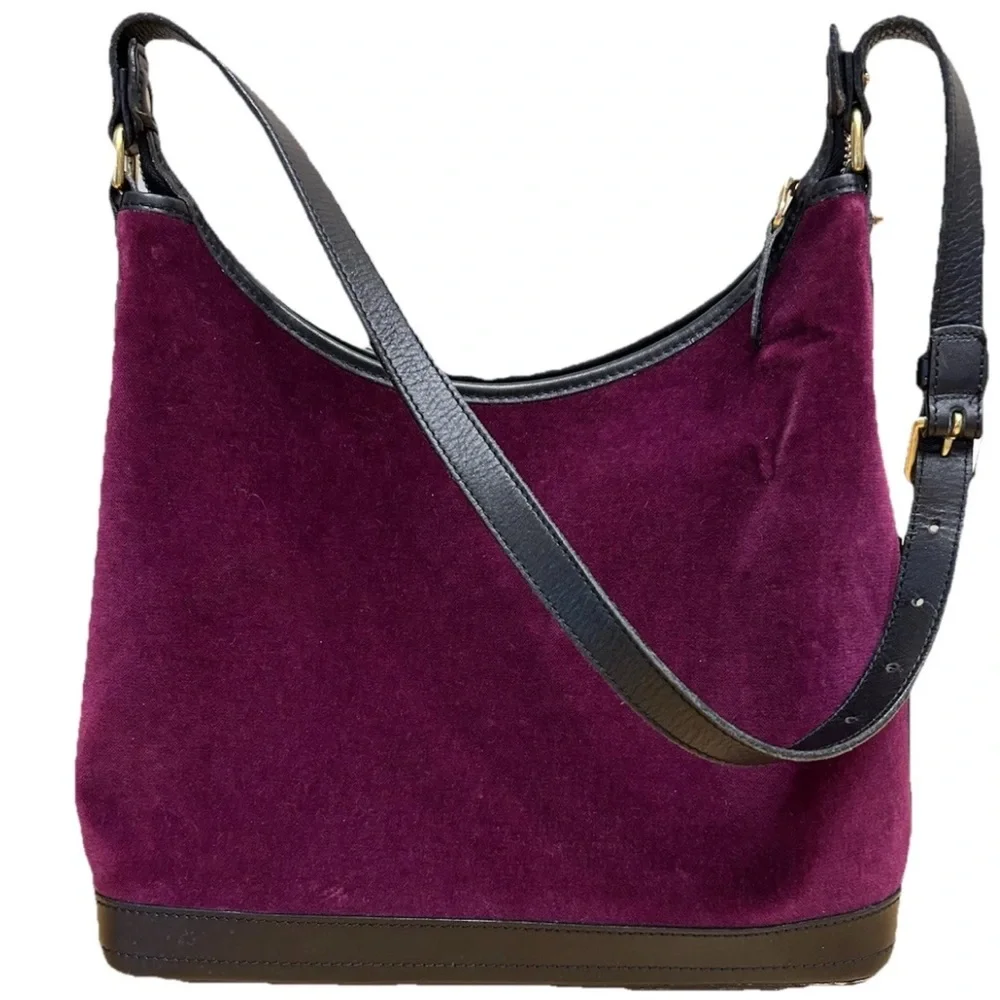 Rare Vintage Dooney & Bourke Purple Velvet Hobo Bag Black Leather Trim USA 80s - Picture 3 of 11